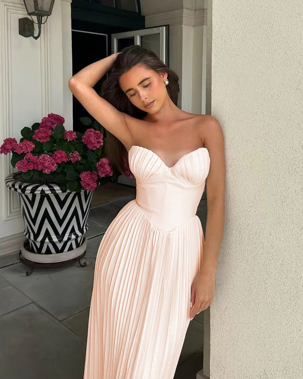 Strapless Pleated Bustier A Line Maxi Dress Blush Pink
