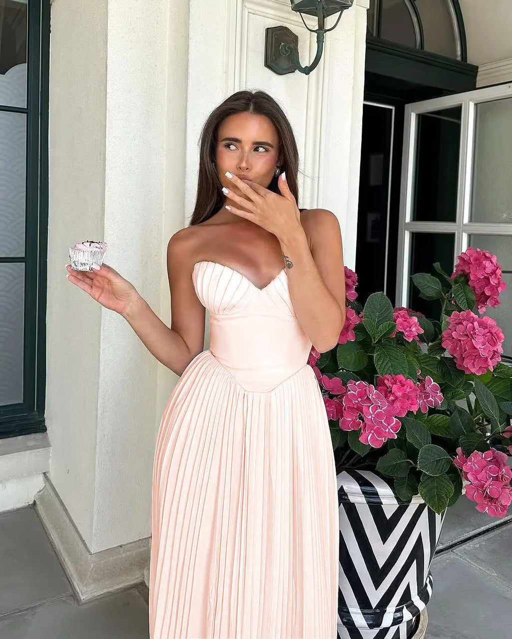 Strapless Pleated Bustier A Line Maxi Dress Blush Pink
