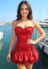 Strapless Bustier Ruffle Dress Red