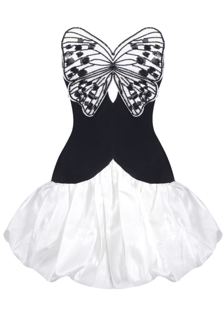 Strapless Sequin Butterfly Puff Dress Black White