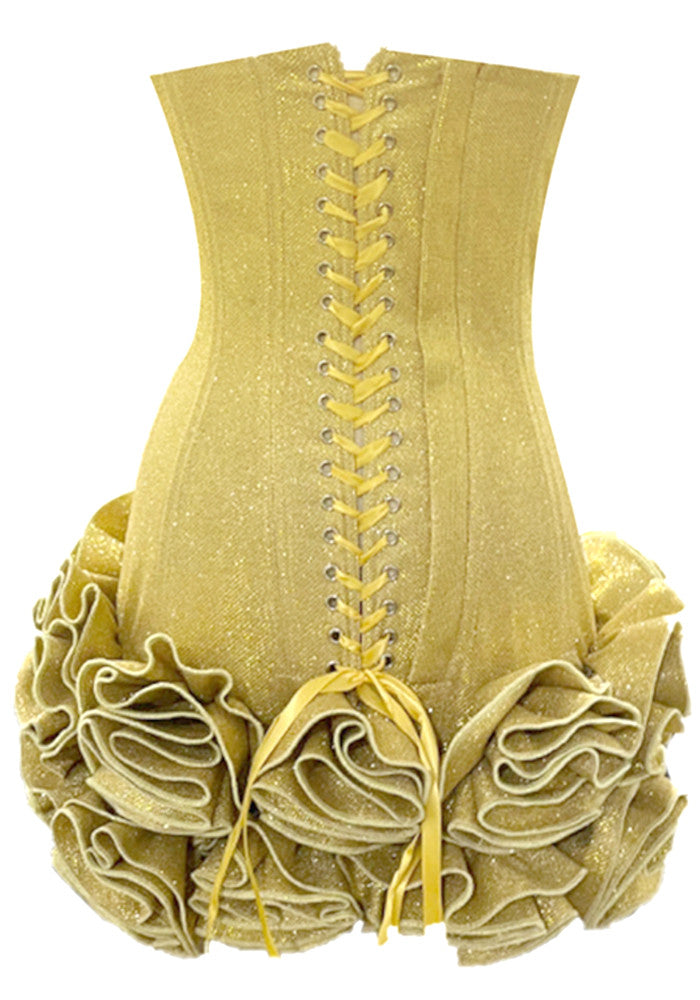 Strapless Corset Floral Ruffle Dress Gold