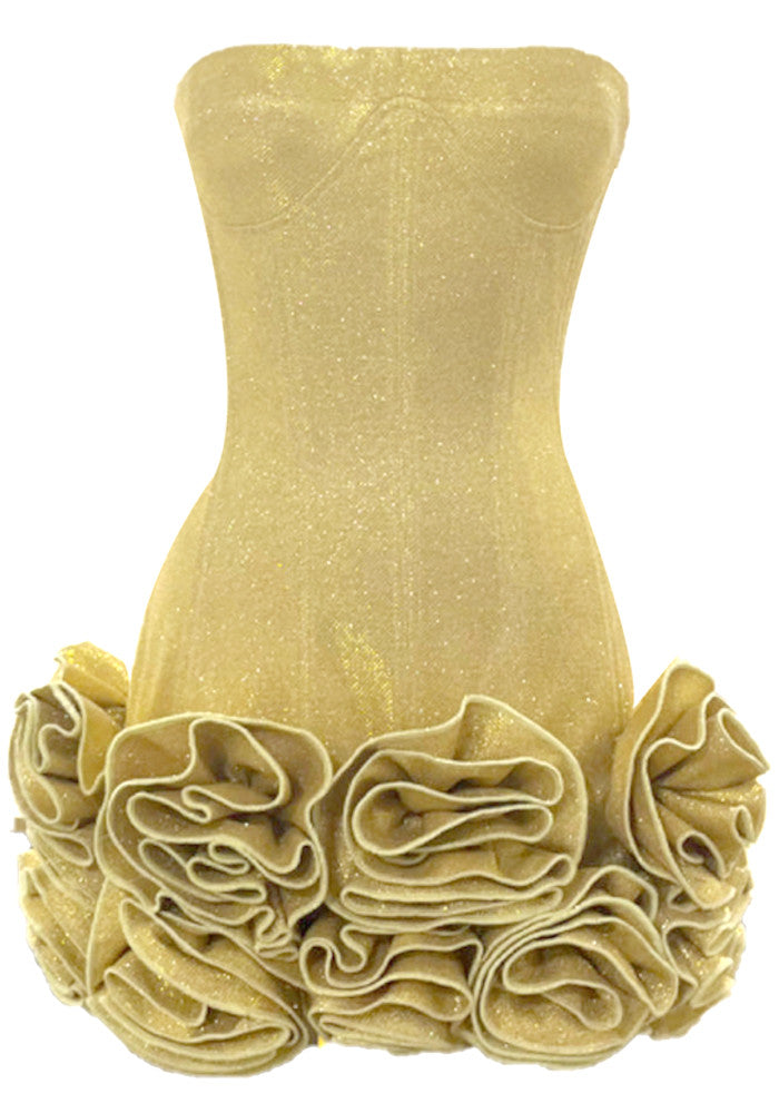 Strapless Corset Floral Ruffle Dress Gold