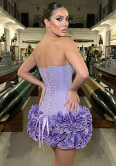 Strapless Corset Floral Ruffle Dress Purple