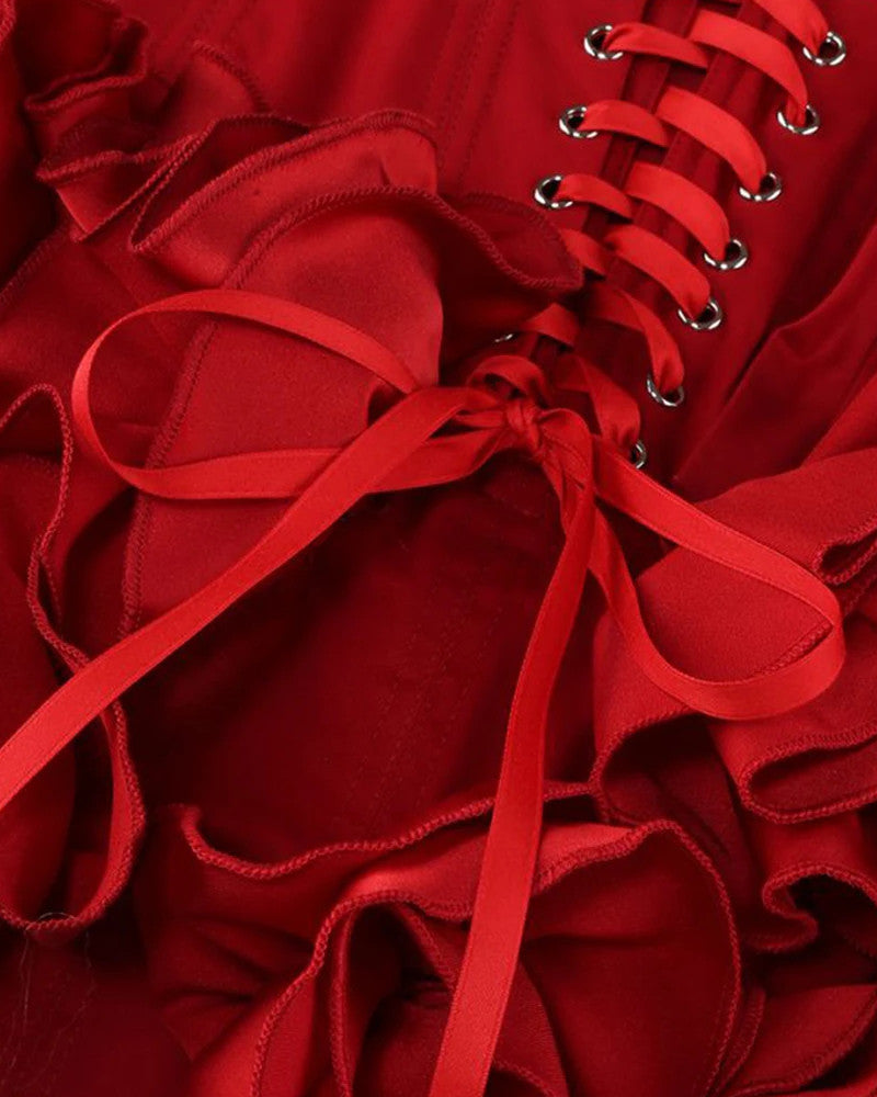 Strapless Corset Floral Ruffle Dress Red