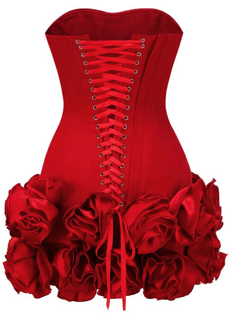 Strapless Corset Floral Ruffle Dress Red
