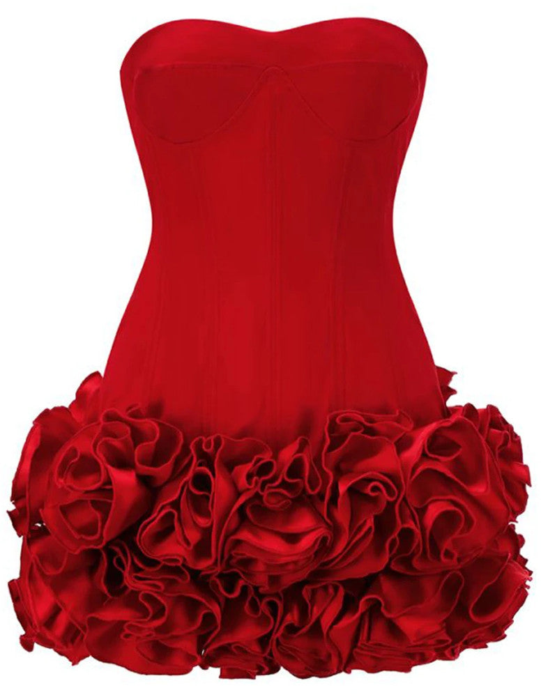 Strapless Corset Floral Ruffle Dress Red