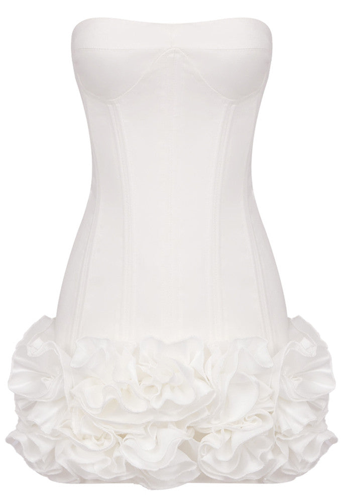 Strapless Corset Floral Ruffle Dress White