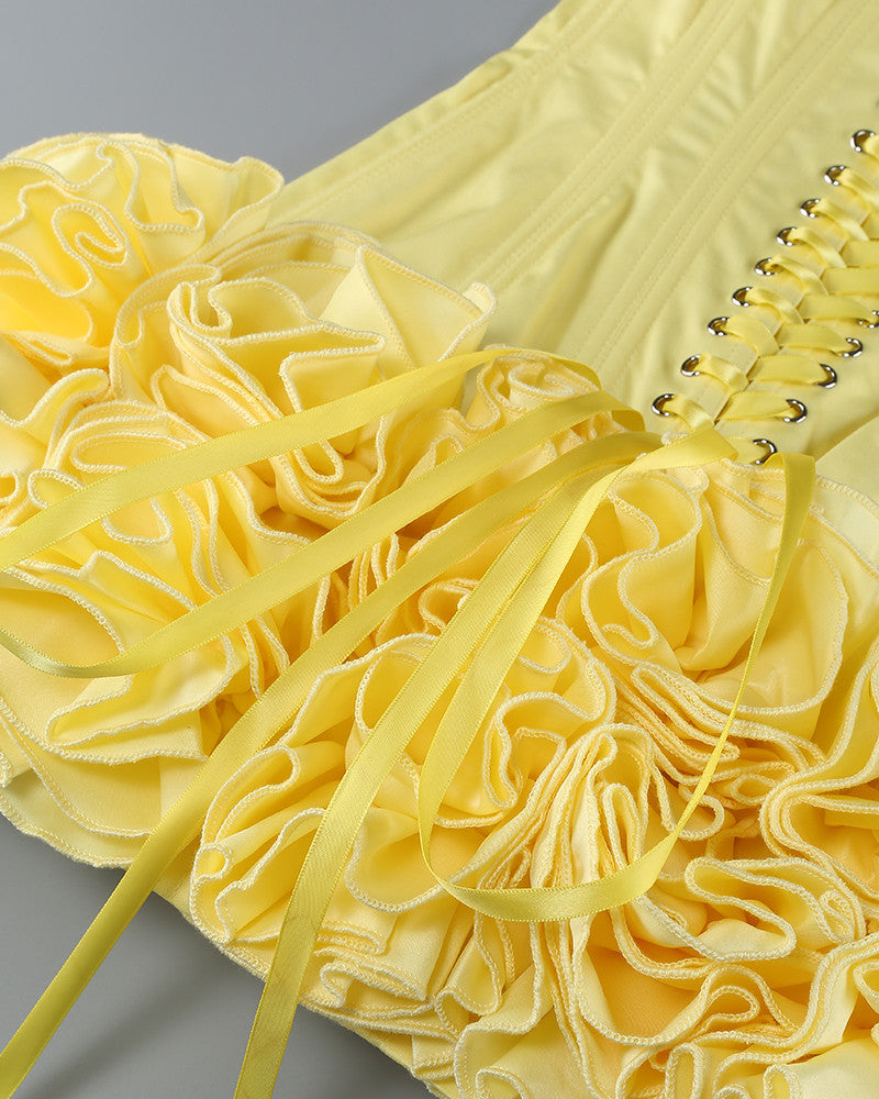 Strapless Corset Floral Ruffle Dress Yellow