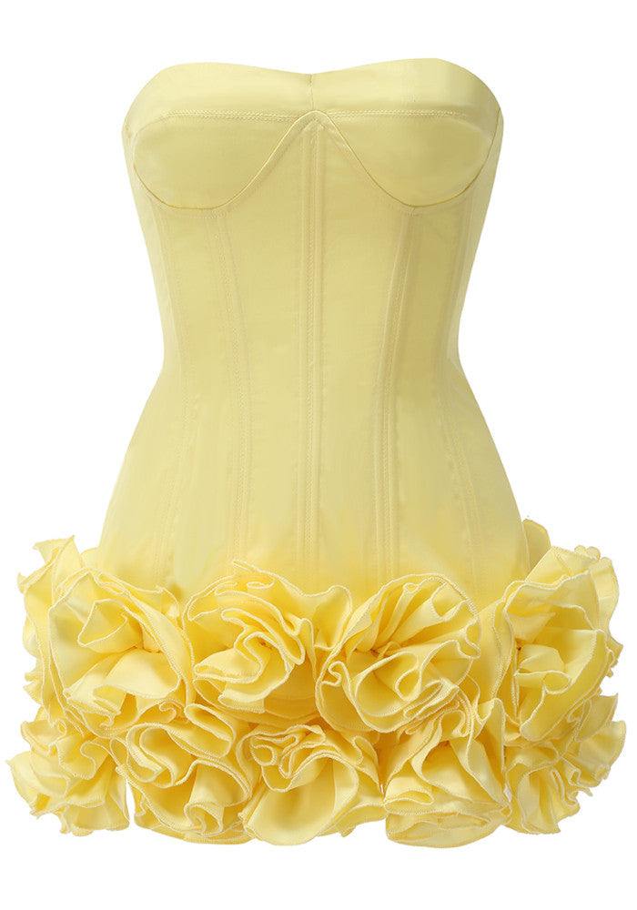 Strapless Corset Floral Ruffle Dress Yellow