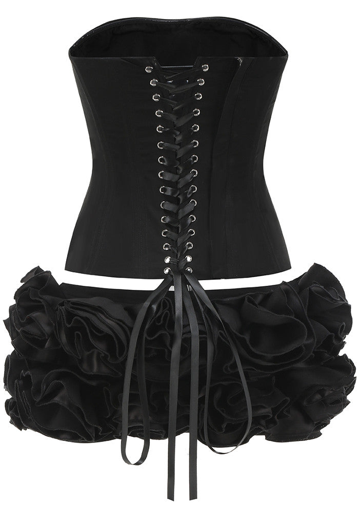 Strapless Corset Floral Ruffle Two Piece Dress Black