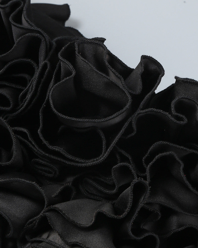 Strapless Corset Floral Ruffle Two Piece Dress Black