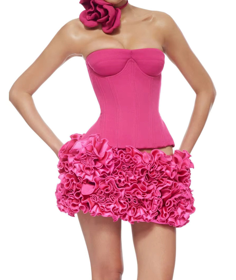 Strapless Corset Floral Ruffle Two Piece Dress Pink