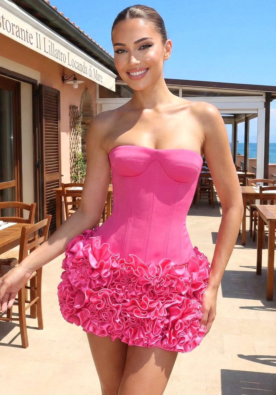Strapless Corset Floral Ruffle Two Piece Dress Pink