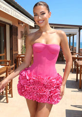 Strapless Corset Floral Ruffle Two Piece Dress Pink