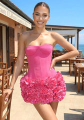 Strapless Corset Floral Ruffle Two Piece Dress Pink