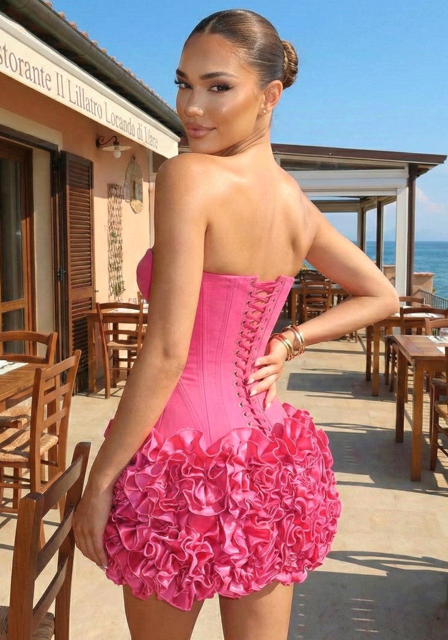 Strapless Corset Floral Ruffle Two Piece Dress Pink