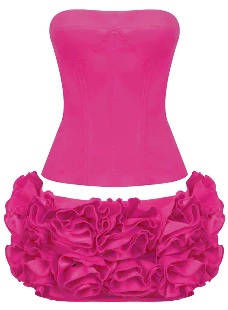 Strapless Corset Floral Ruffle Two Piece Dress Pink