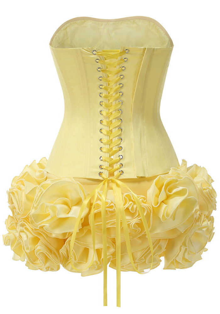 Strapless Corset Floral Ruffle Two Piece Dress Yellow
