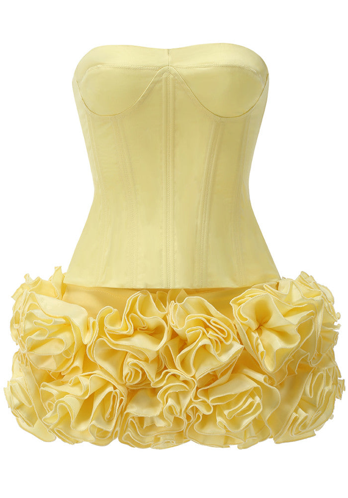 Strapless Corset Floral Ruffle Two Piece Dress Yellow