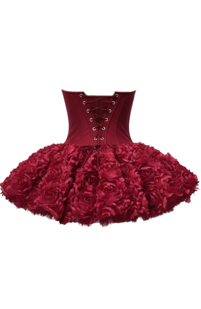 Strapless Petal Floral Corset A Line Dress Red