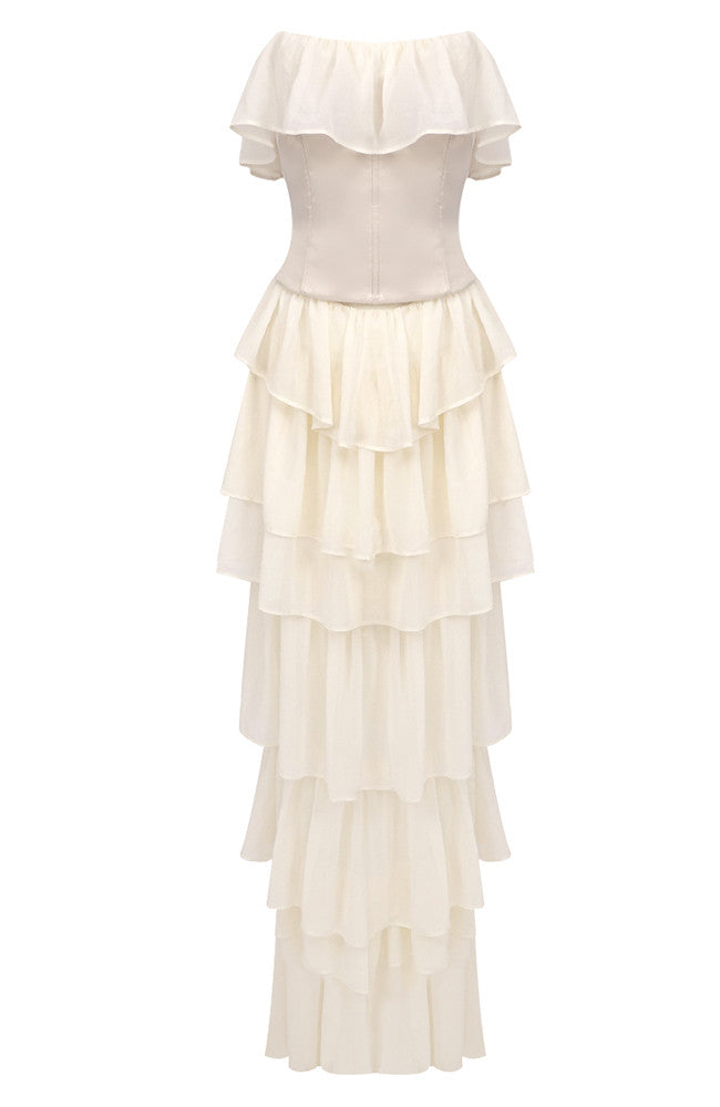Strapless Corset Ruffle Maxi Dress Ivory