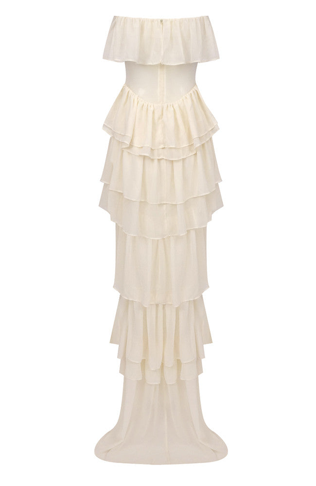 Strapless Corset Ruffle Maxi Dress Ivory