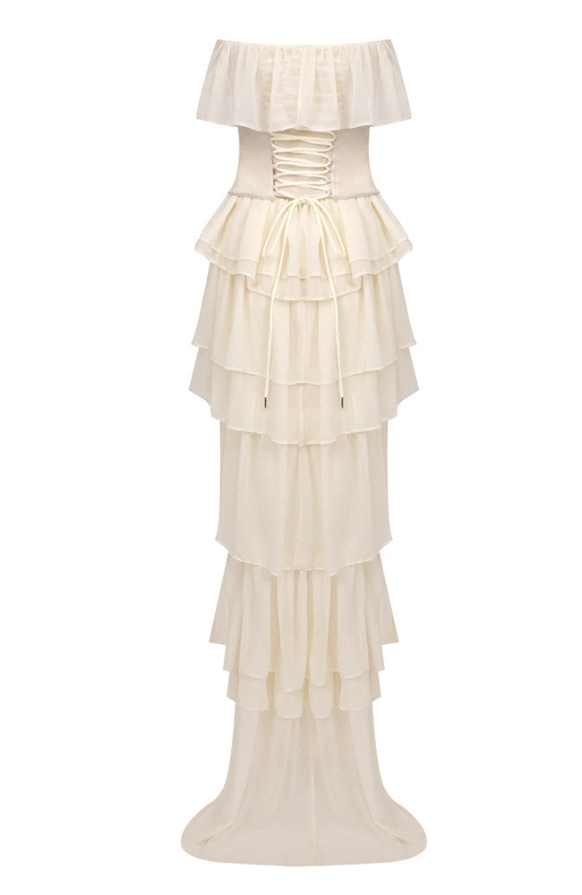 Strapless Corset Ruffle Maxi Dress Ivory