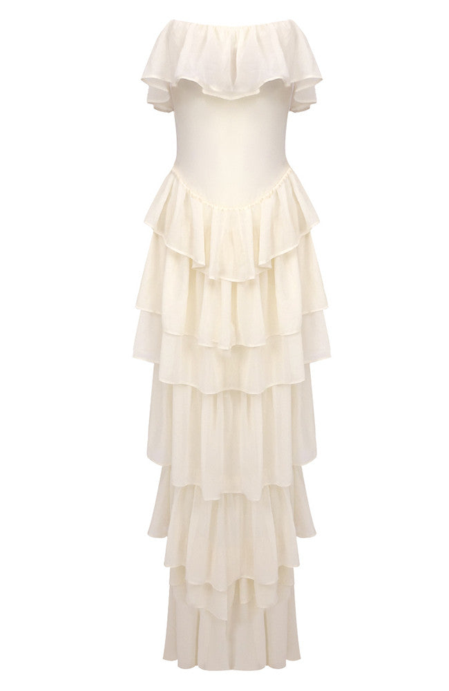 Strapless Corset Ruffle Maxi Dress Ivory