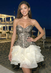 Strapless Lace Corset Ruffle Two Piece Dress Black Ivory