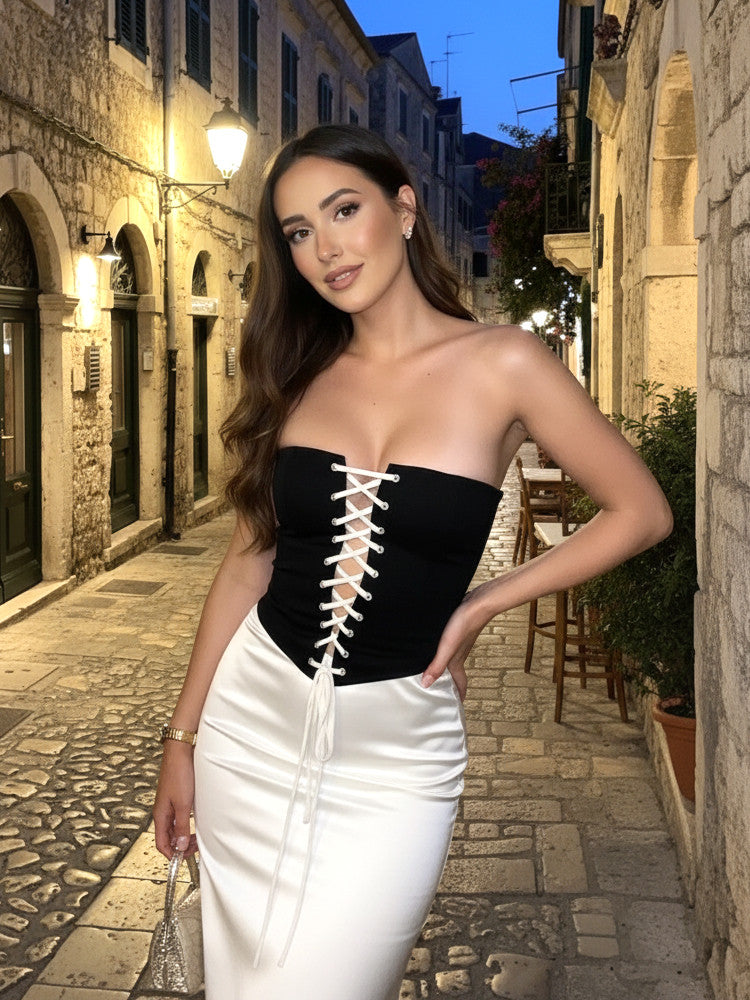 Strapless Corset Two Piece Midi Velvet Dress Black Ivory