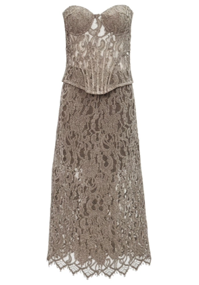 Strapless Crochet Corset Two Piece Midi Dress Brown