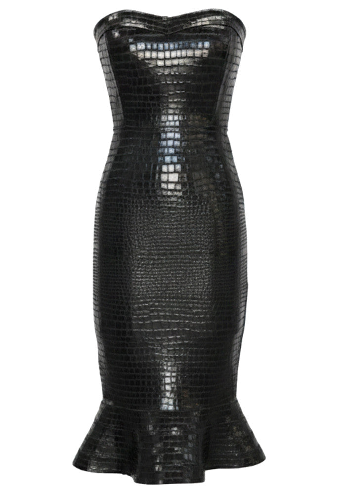 Strapless Crocodile Print Fluted Midi Dress Black