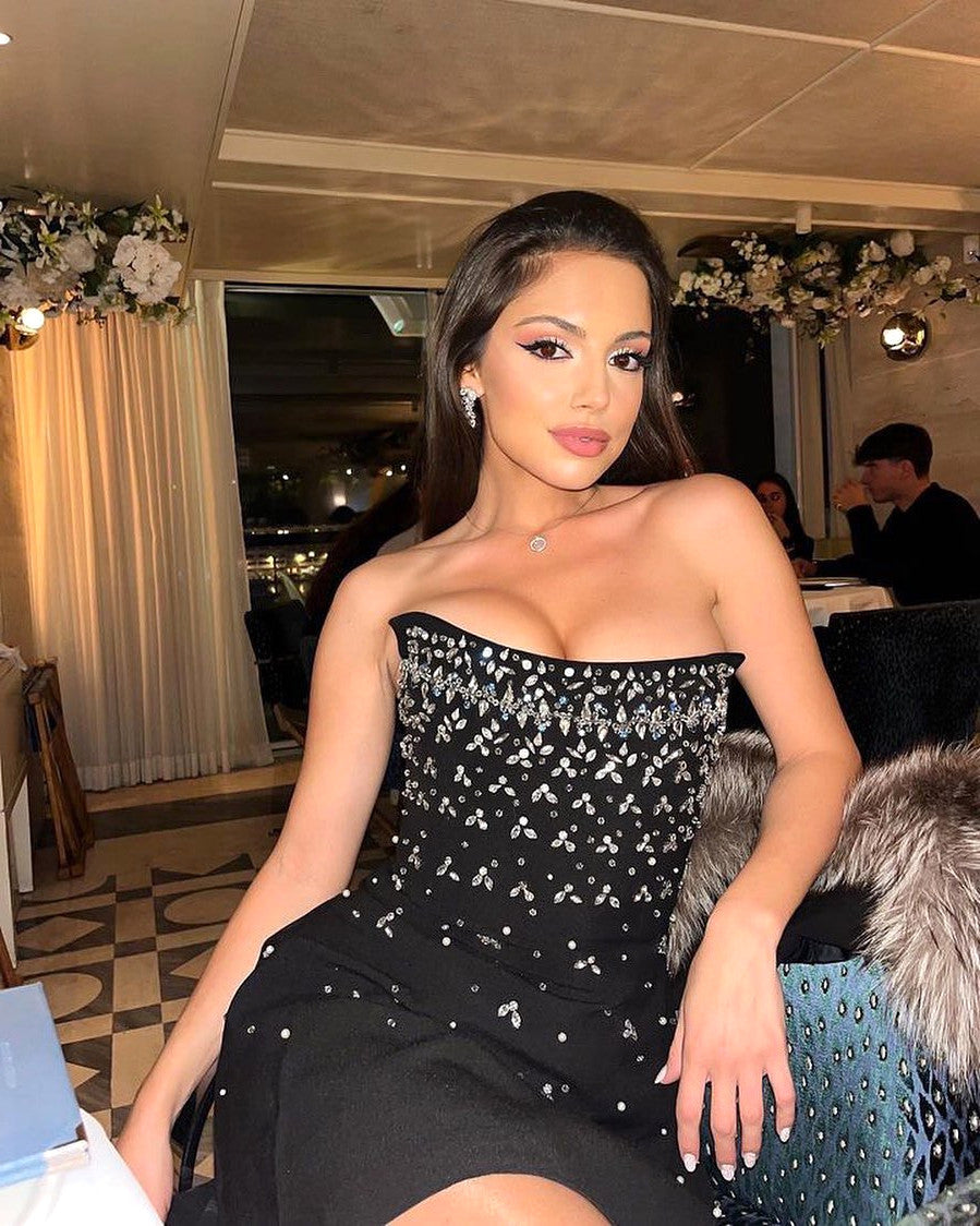 Crystal Strapless A Line Dress Black