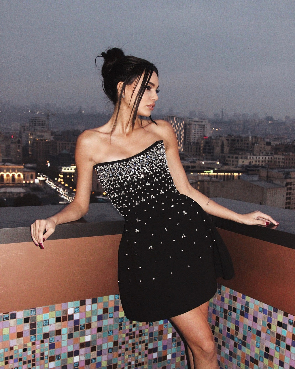 Crystal Strapless A Line Dress Black