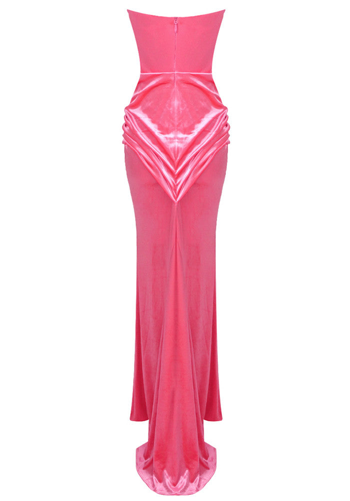 Strapless Crystal Bustier Draped Maxi Dress Pink