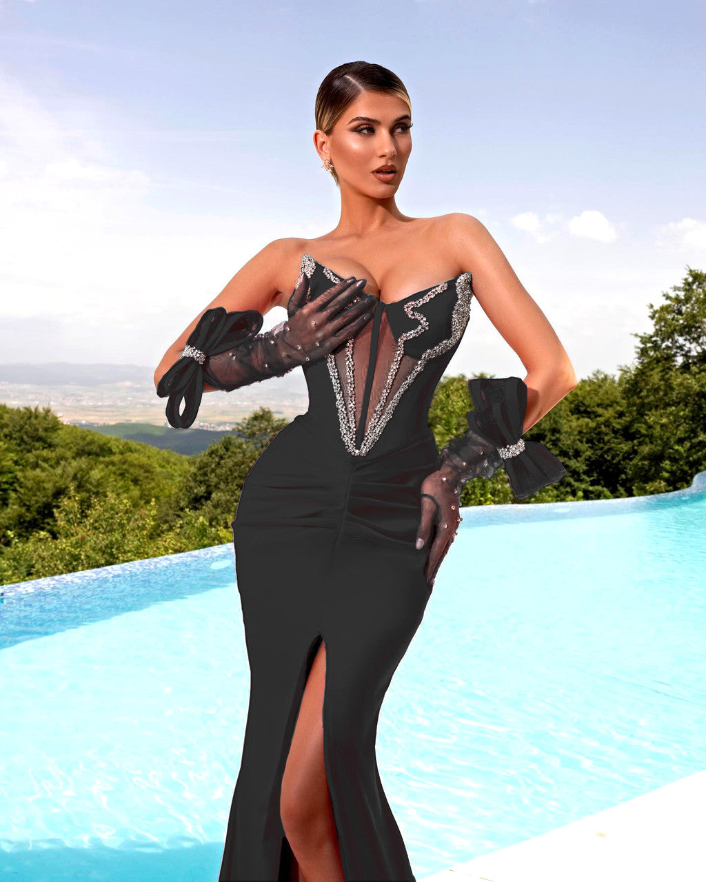Strapless Crystal Bustier Draped Maxi Velvet Dress Black