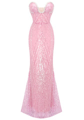 Strapless Crystal Bustier Sequin Maxi Dress Pink