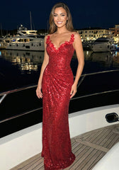 Strapless Crystal Bustier Sequin Maxi Dress Red