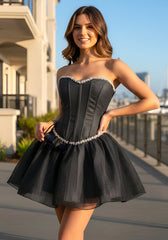 Strapless Crystal Corset A Line Dress Grey