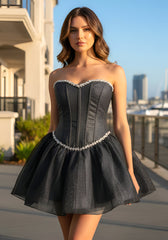 Strapless Crystal Corset A Line Dress Grey