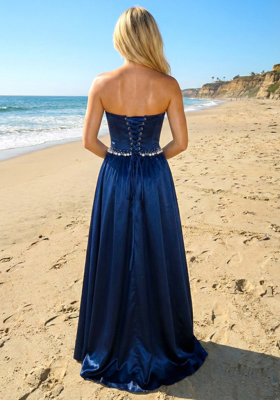 Strapless Corset A Line Maxi Dress Navy Blue