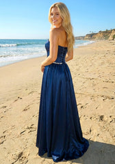 Strapless Corset A Line Maxi Dress Navy Blue
