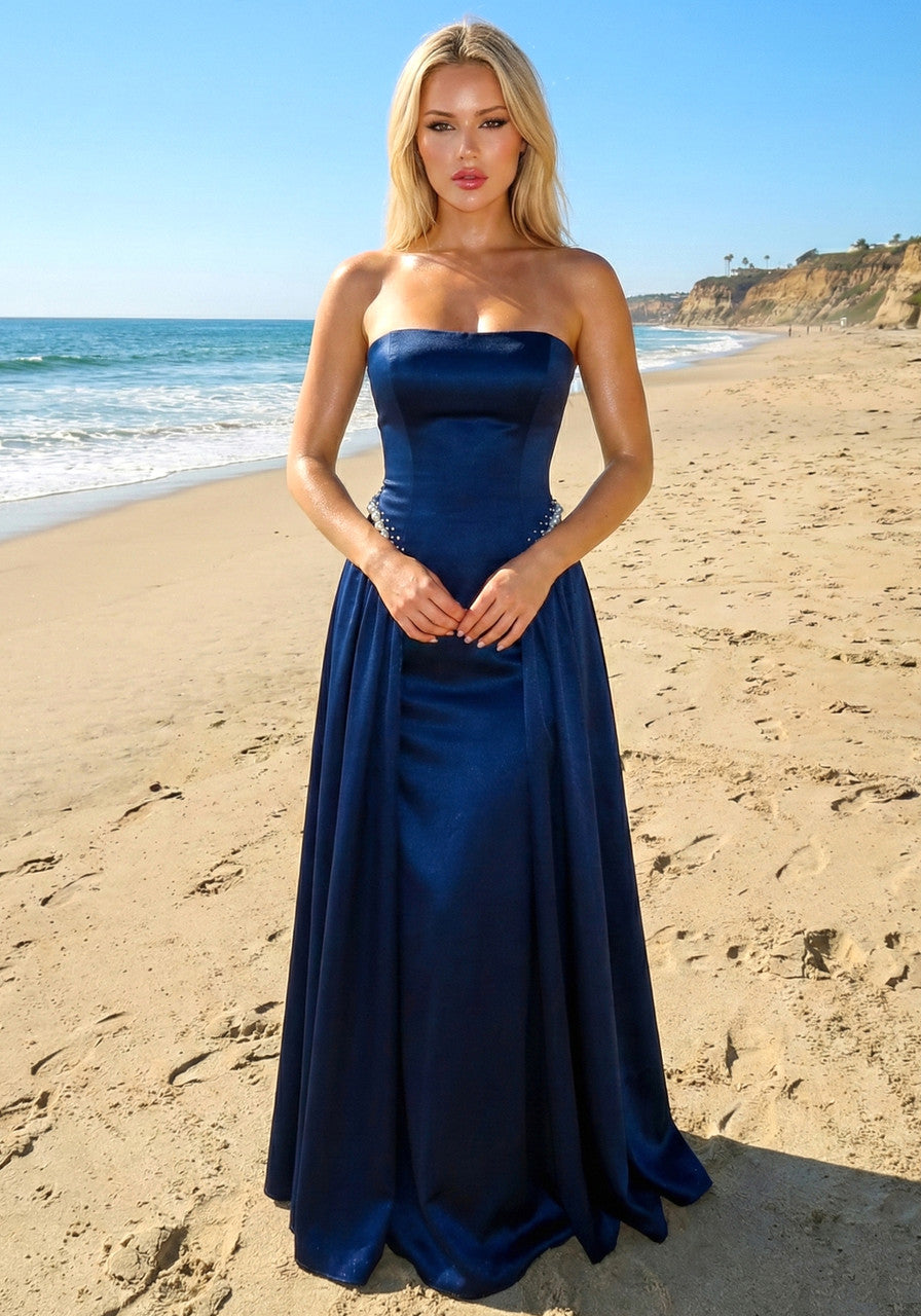 Strapless Corset A Line Maxi Dress Navy Blue