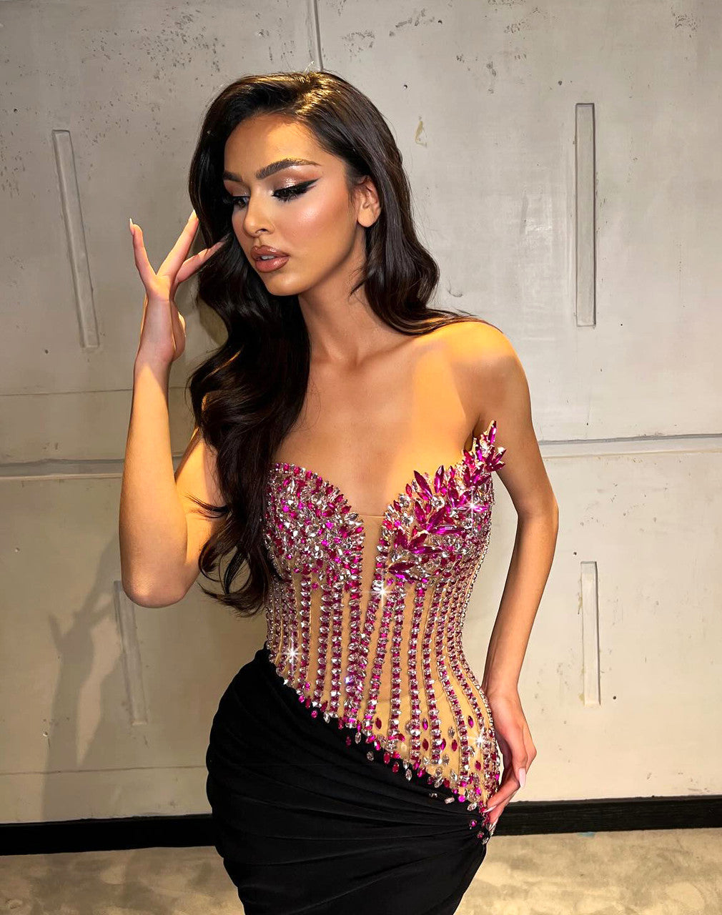 Strapless Crystal Corset Maxi Velvet Dress Hot Pink Black