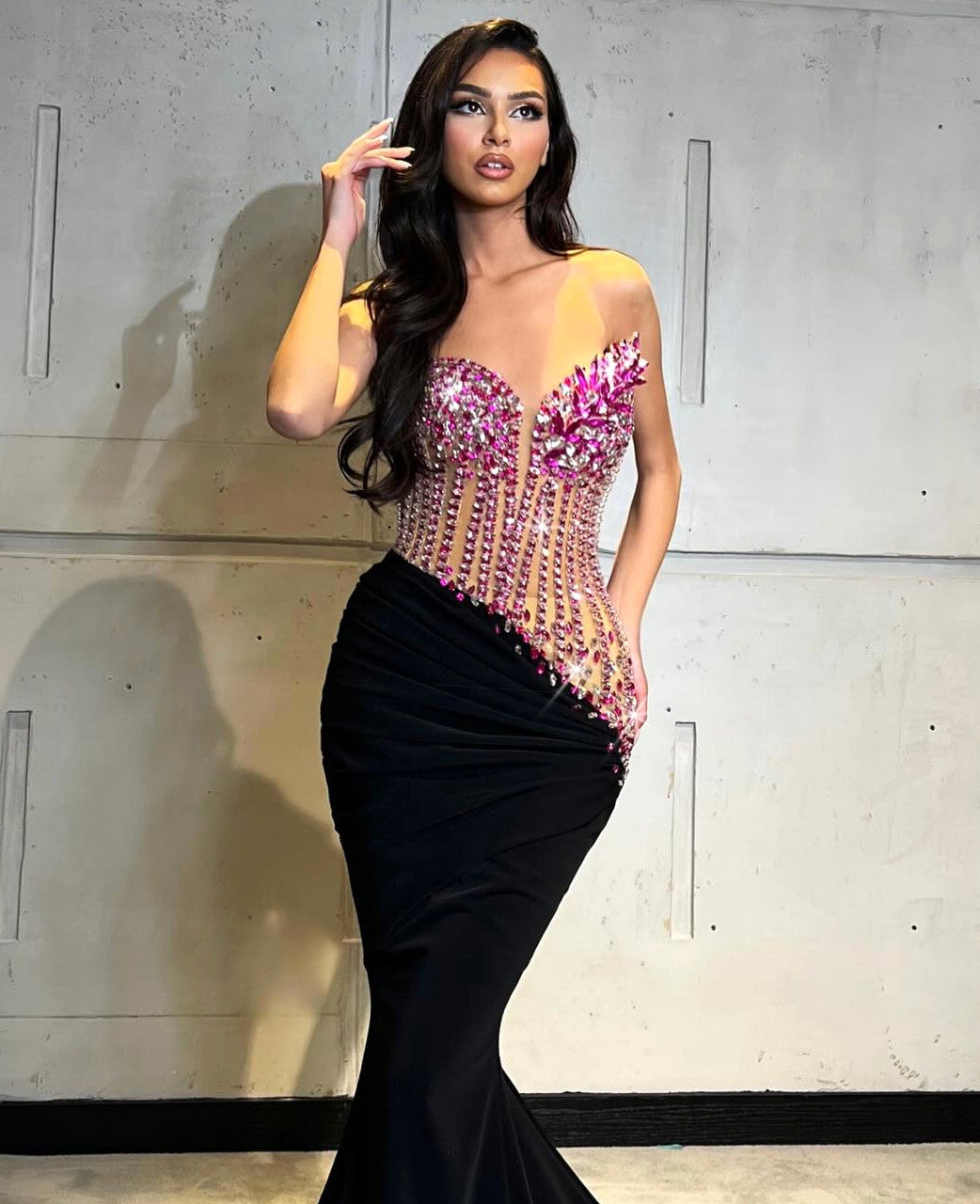 Strapless Crystal Corset Maxi Velvet Dress Hot Pink Black