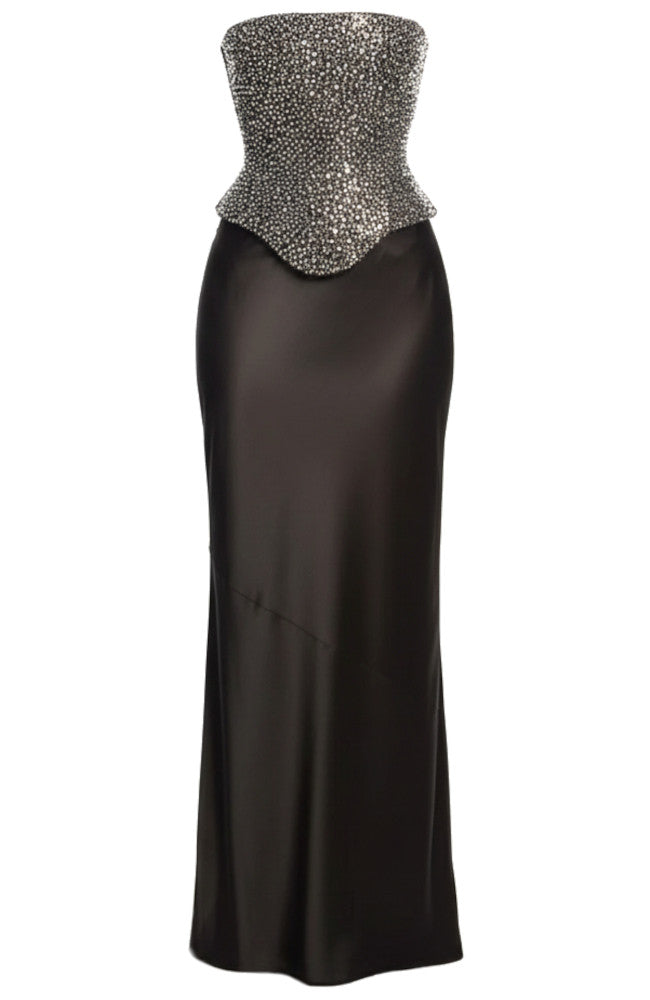 Strapless Crystal Corset Two Piece Maxi Dress Black