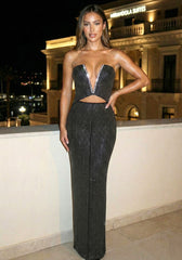 Strapless Crystal Cut Out Maxi Dress Black