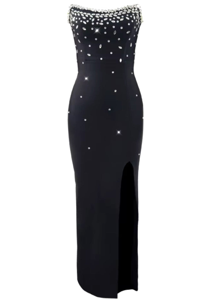 Strapless Crystal Neckline Maxi Dress Black