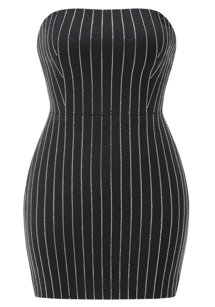 Strapless Crystal Stripes Dress Black