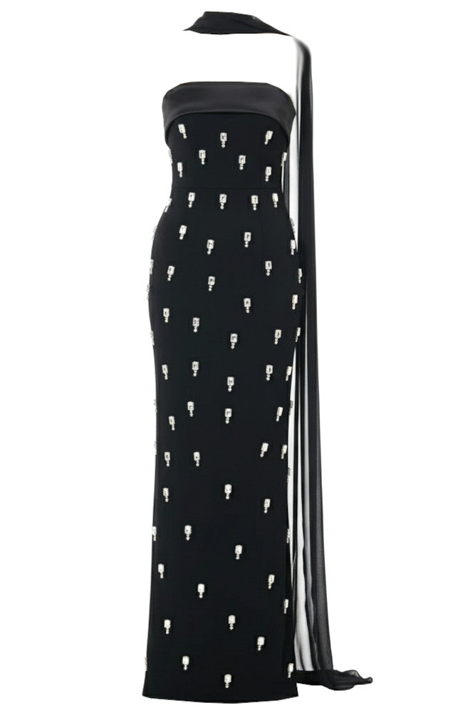 Strapless Crystal Detail Scarf Maxi Dress Black